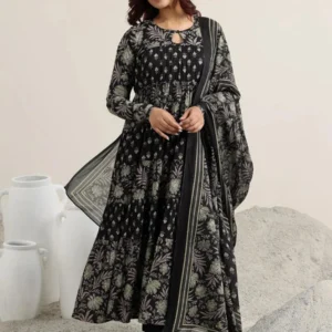 Elegant Cotton Anarkali Kurti Set with Pant & Dupatta – Full Sleeves, Flared Design