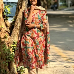 Luxury Floral Silk Kurti Set with Chanderi Dupatta | 3-Piece Ethnic Ensemble