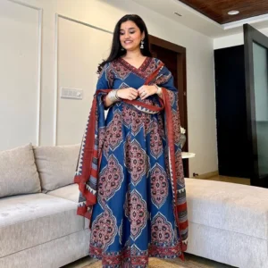 Angrakha Style Anarkali Kurti Set with Dupatta | Cotton Sequence Handwork | 3-Piece Set