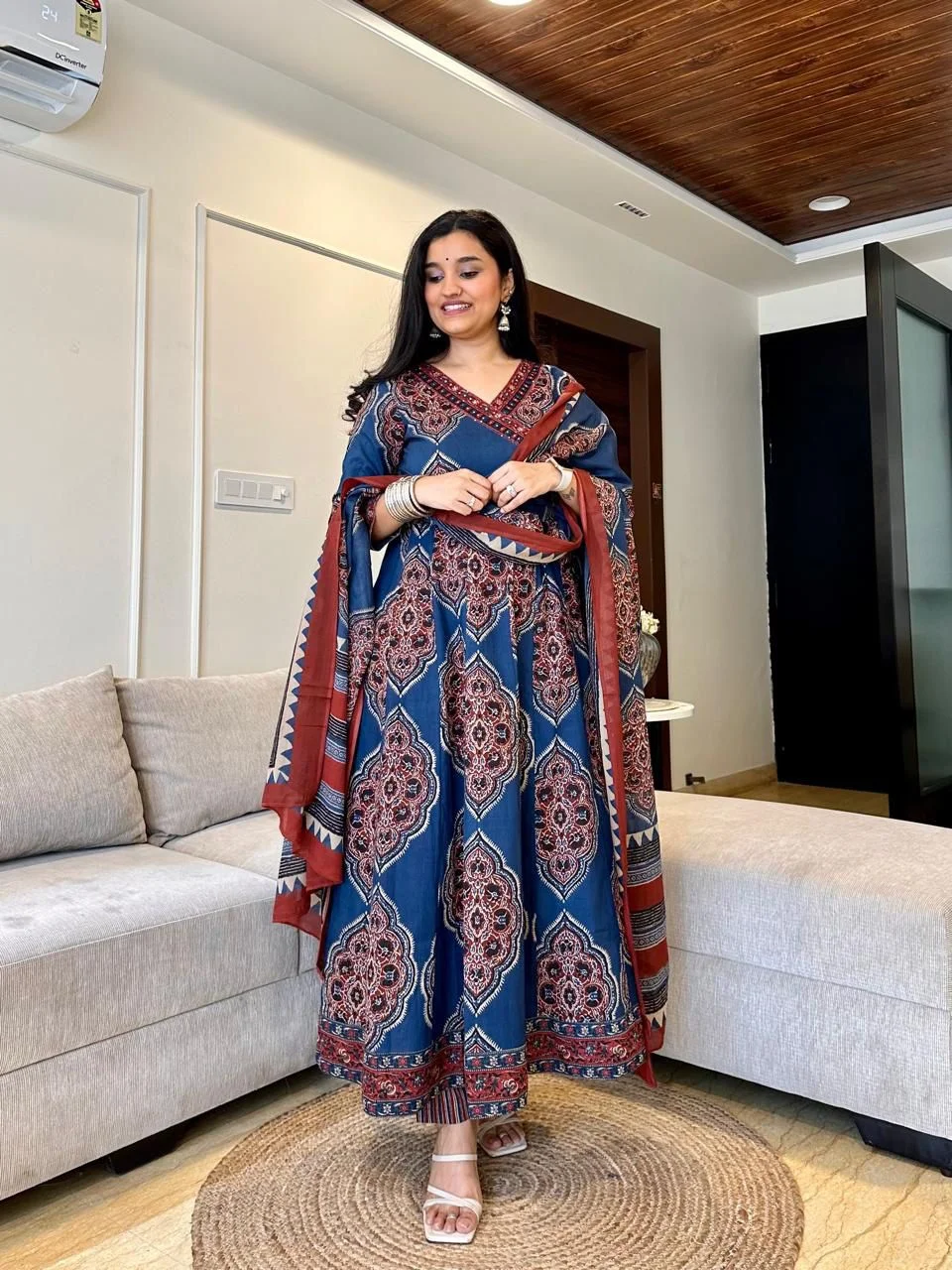 Angrakha Style Anarkali Kurti Set with Dupatta | Cotton Sequence Handwork | 3-Piece Set