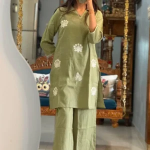 Cotton Embroidered Cord Set – Kurti, Pant & Dupatta