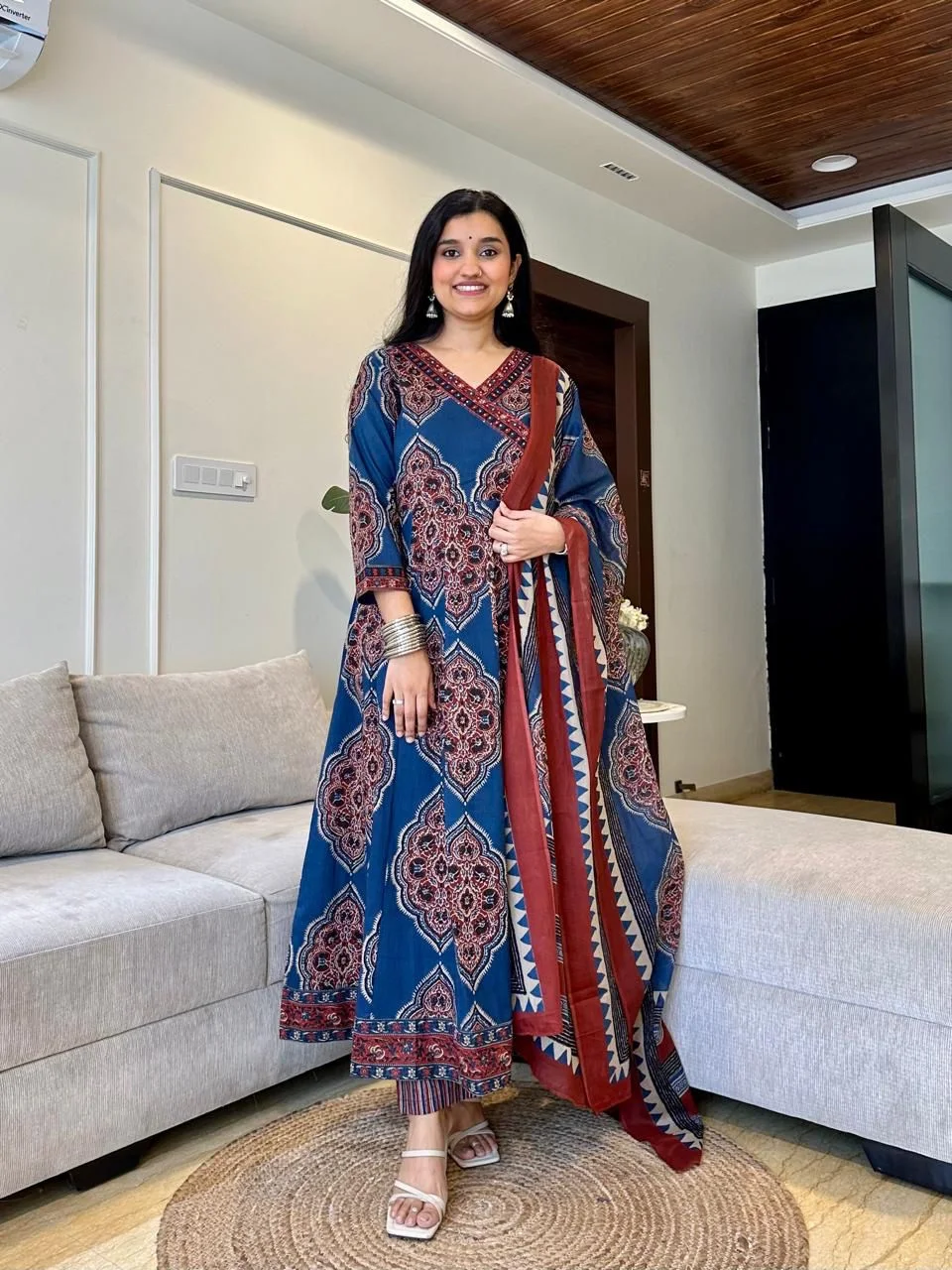 Angrakha Style Anarkali Kurti Set with Dupatta | Cotton Sequence Handwork | 3-Piece Set - Image 3