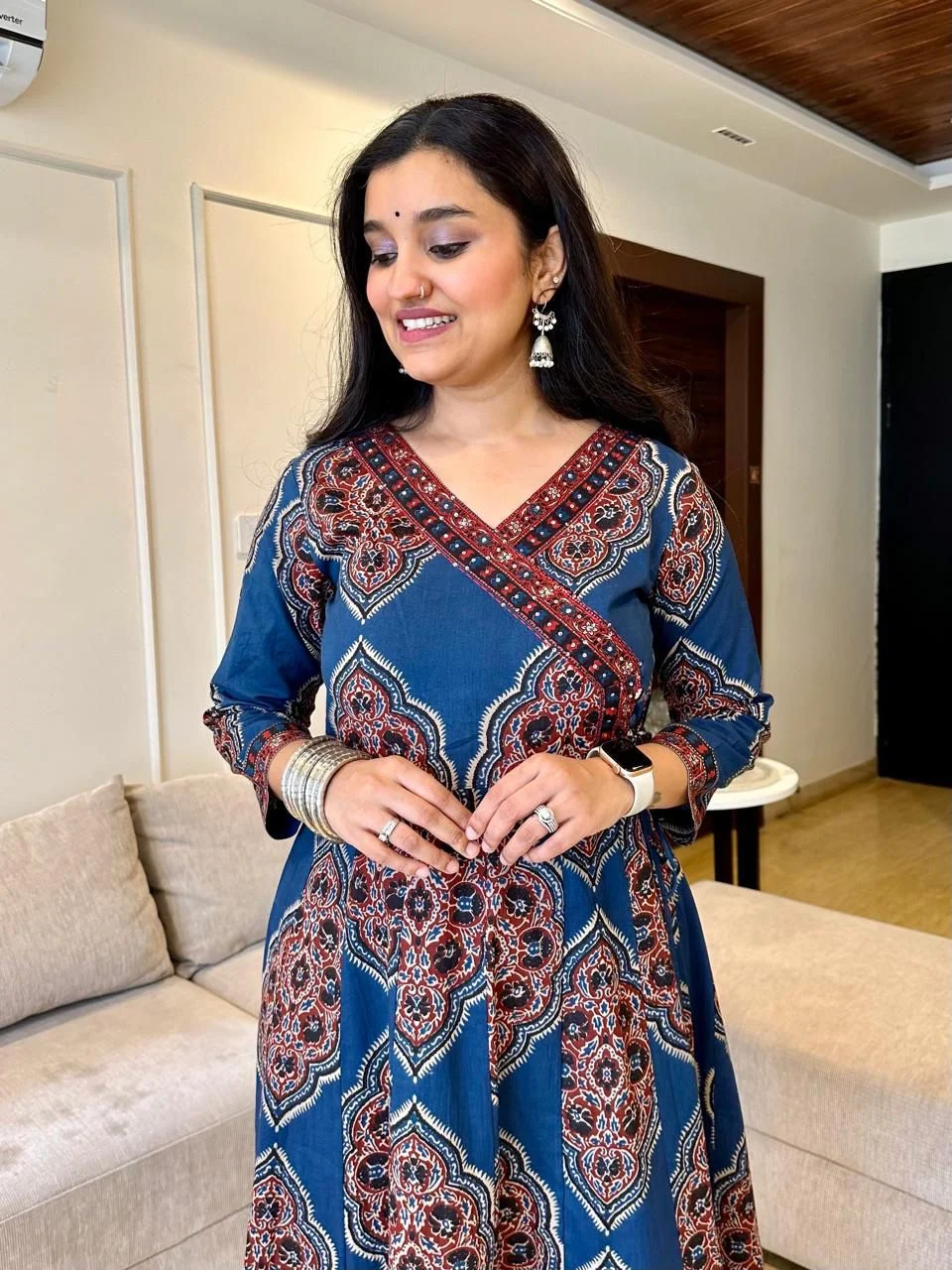 Angrakha Style Anarkali Kurti Set with Dupatta | Cotton Sequence Handwork | 3-Piece Set - Image 2